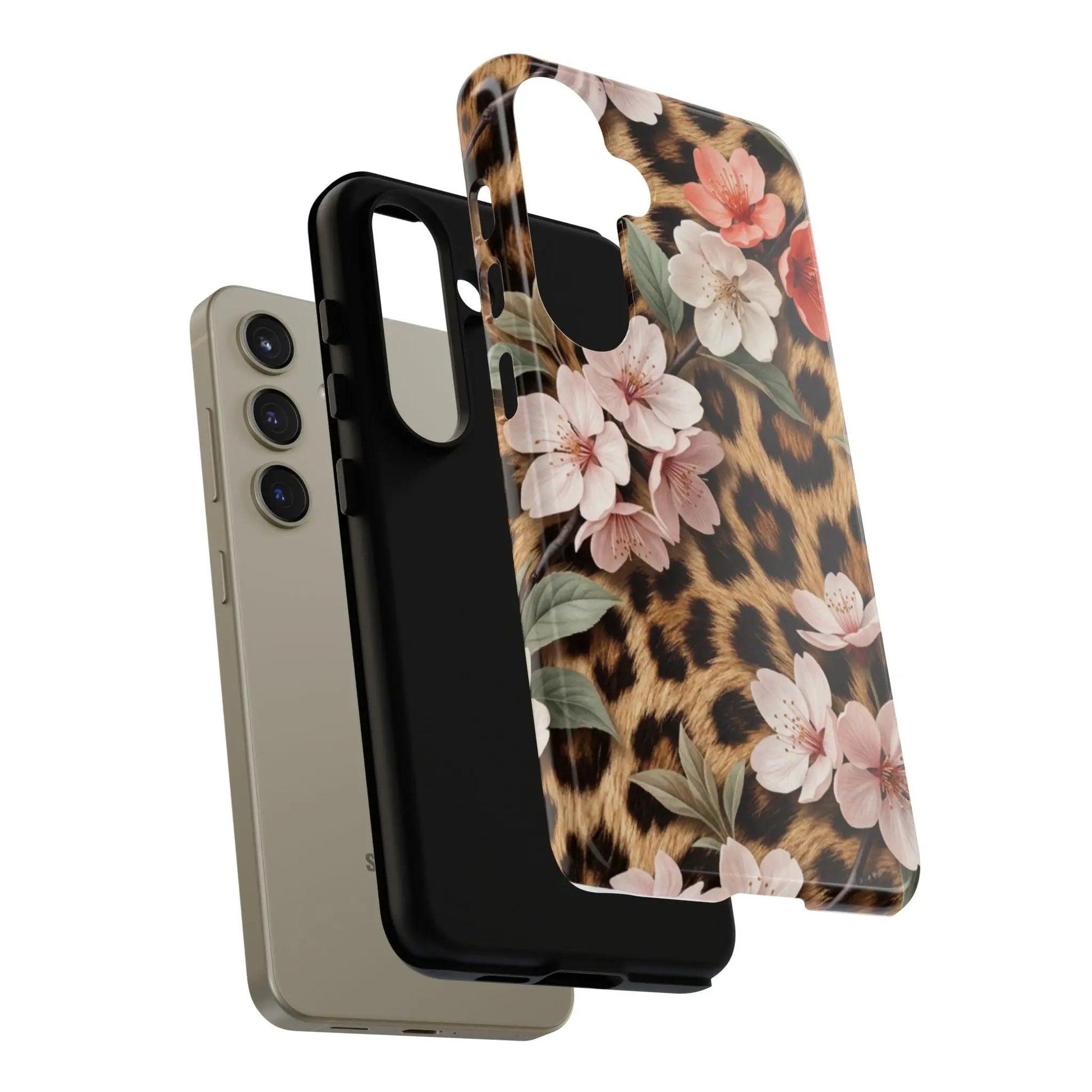 Leopard Floral Tough Case — Protective Phone Case with Pink Cherry Blossoms by Printify
