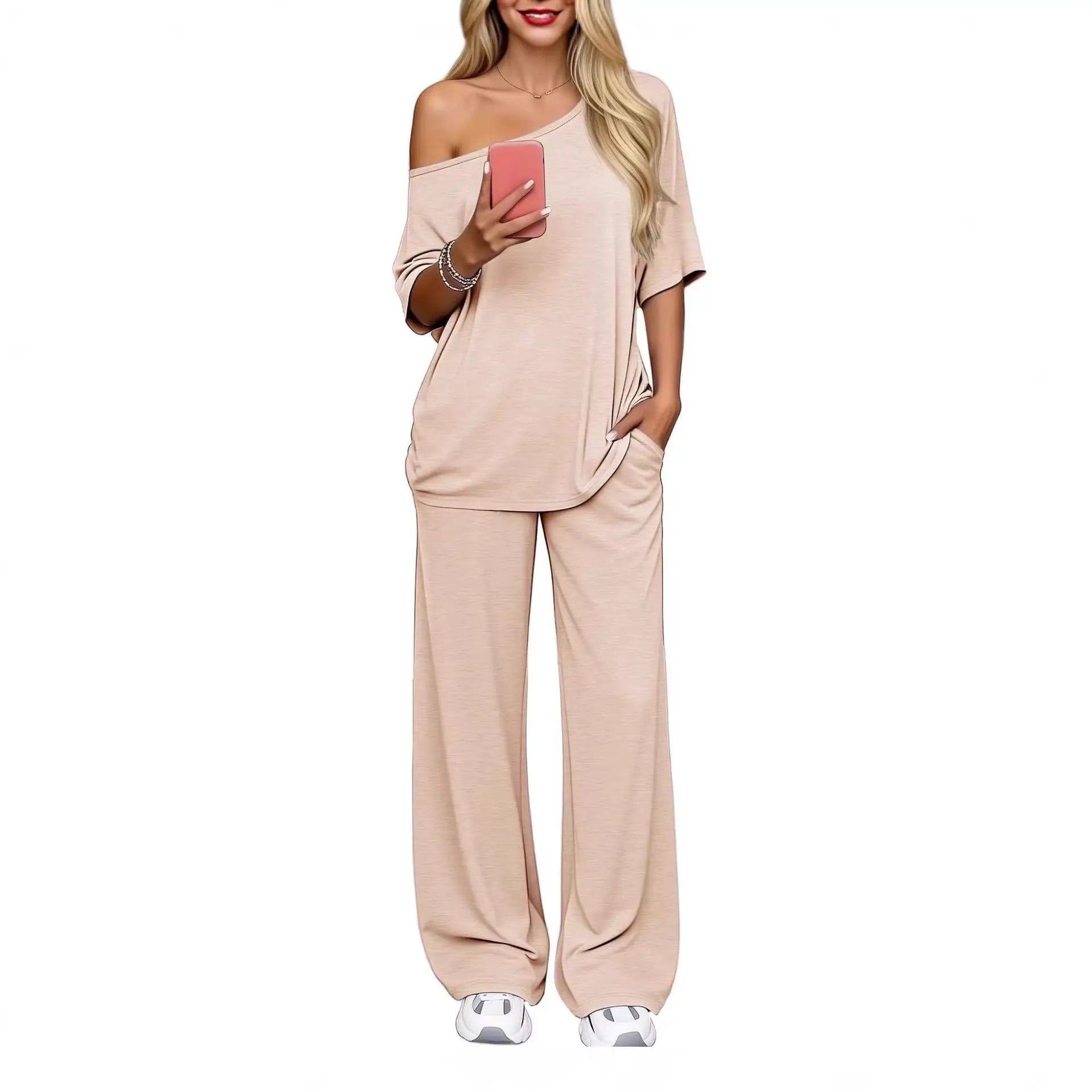 Off-shoulder Loose Casual Short-sleeve Top And Wide-leg Pants Two-piece Set by GJG Denim