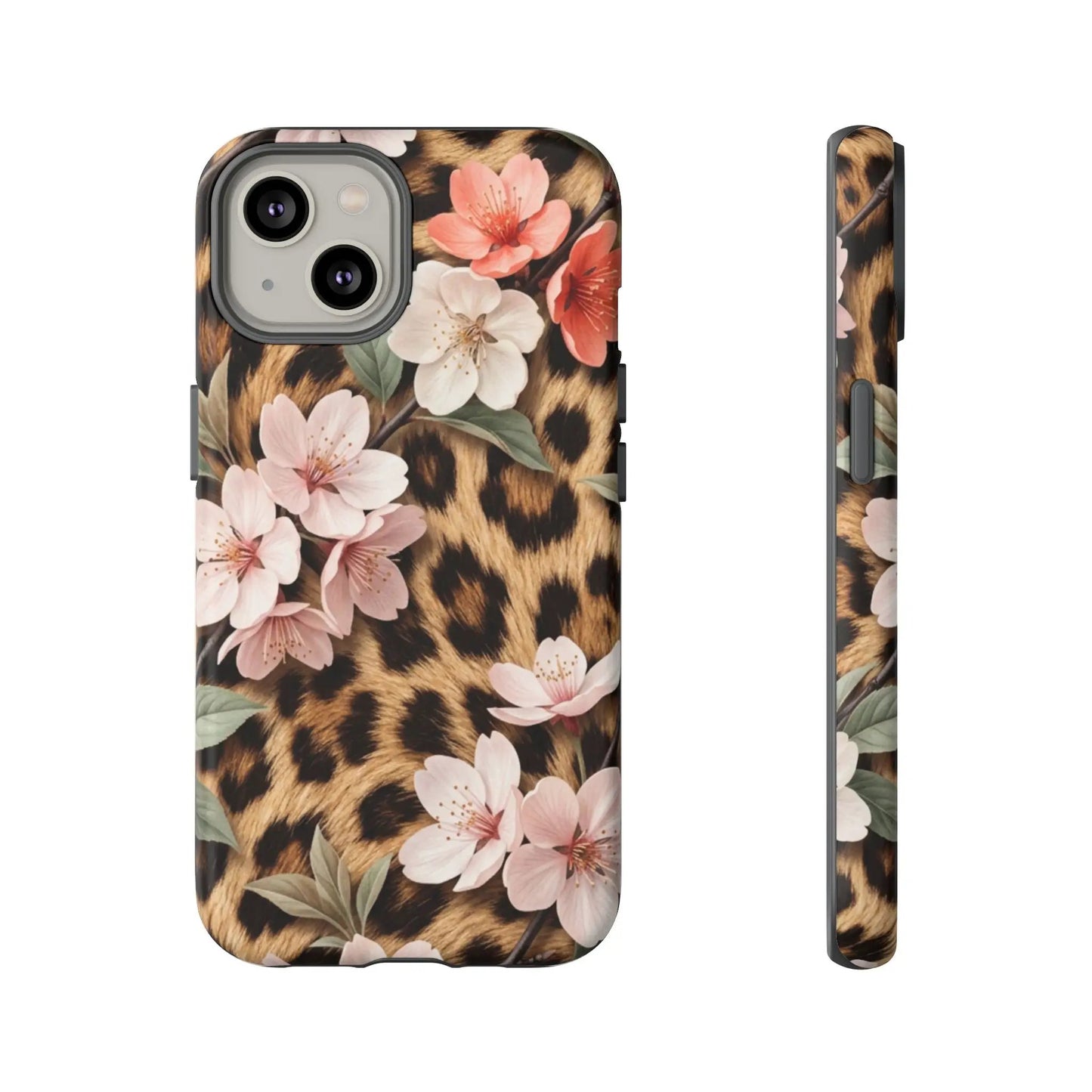 Leopard Floral Tough Case — Protective Phone Case with Pink Cherry Blossoms by Printify