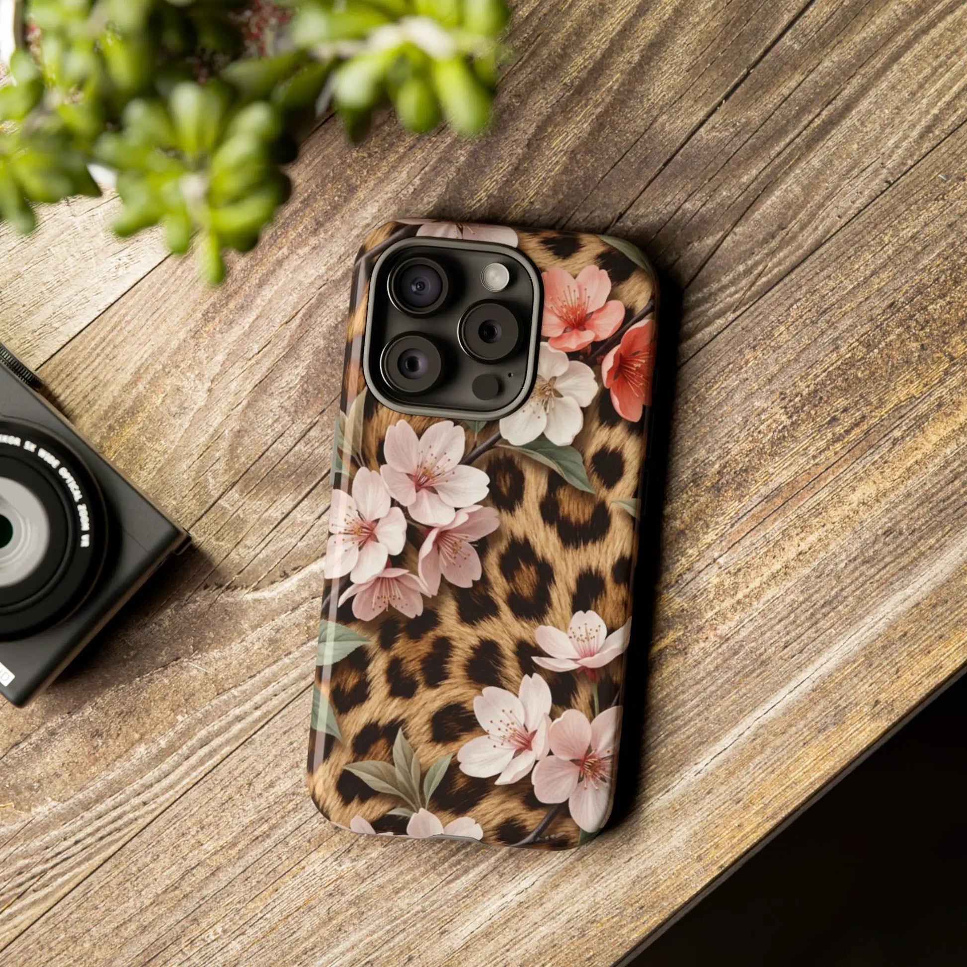 Leopard Floral Tough Case — Protective Phone Case with Pink Cherry Blossoms by Printify
