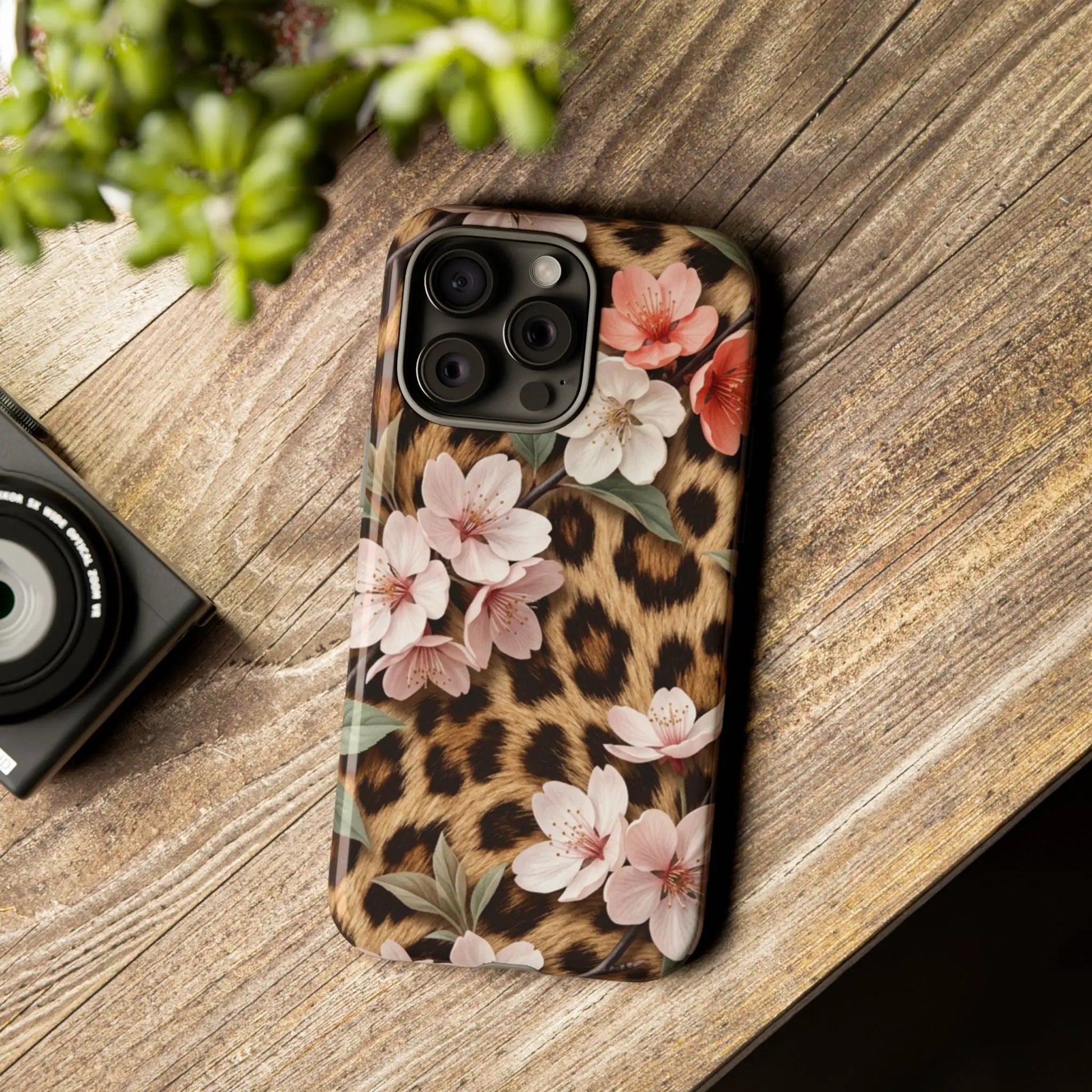 Leopard Floral Tough Case — Protective Phone Case with Pink Cherry Blossoms by Printify
