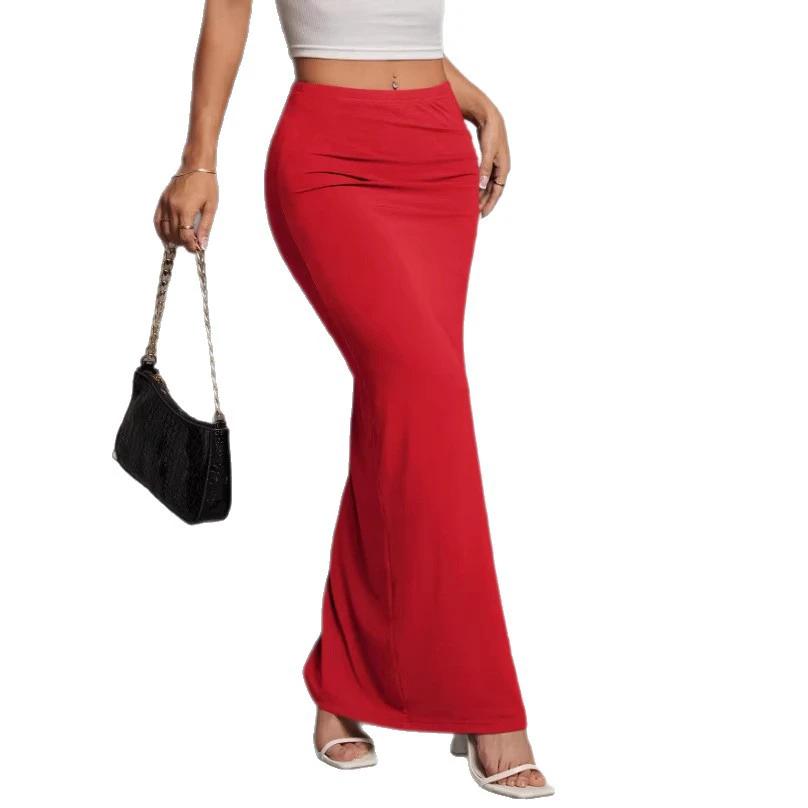 Solid-color High-waisted Elegant Pleated Slit Midi Skirt by GJG Denim