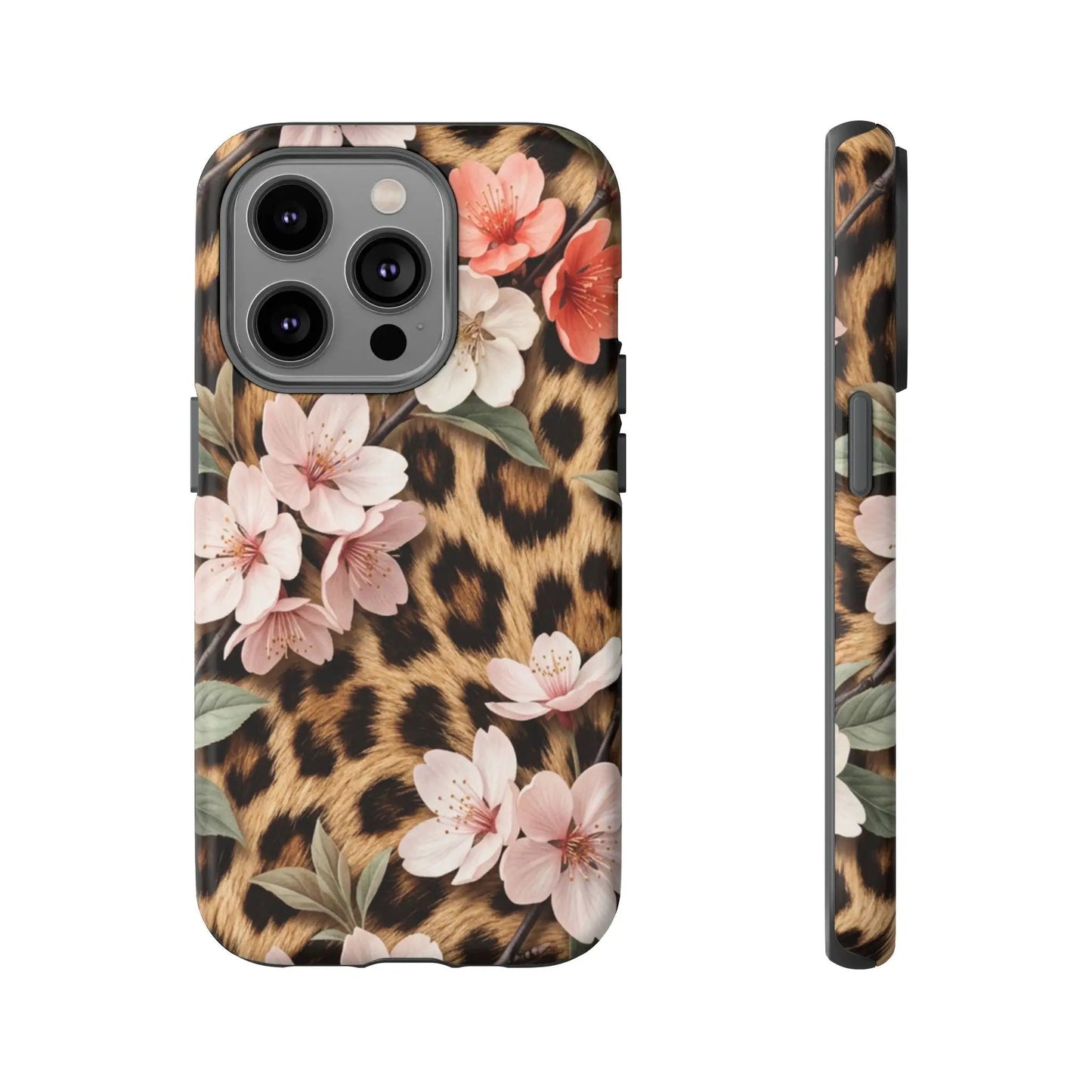 Leopard Floral Tough Case — Protective Phone Case with Pink Cherry Blossoms by Printify
