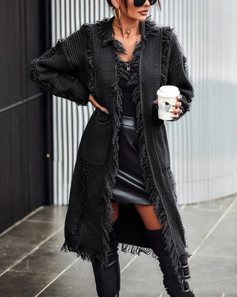 Lapel Tassel Long Knitted Coat by GJG Denim