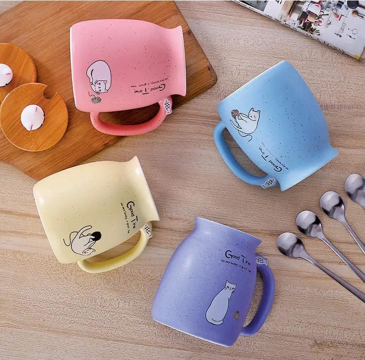 450ml Cartoon Ceramics Cat Mug With Lid and Spoon Coffee Milk Tea Mugs Breakfast Cup Drinkware Novelty Gifts by GJG Denim