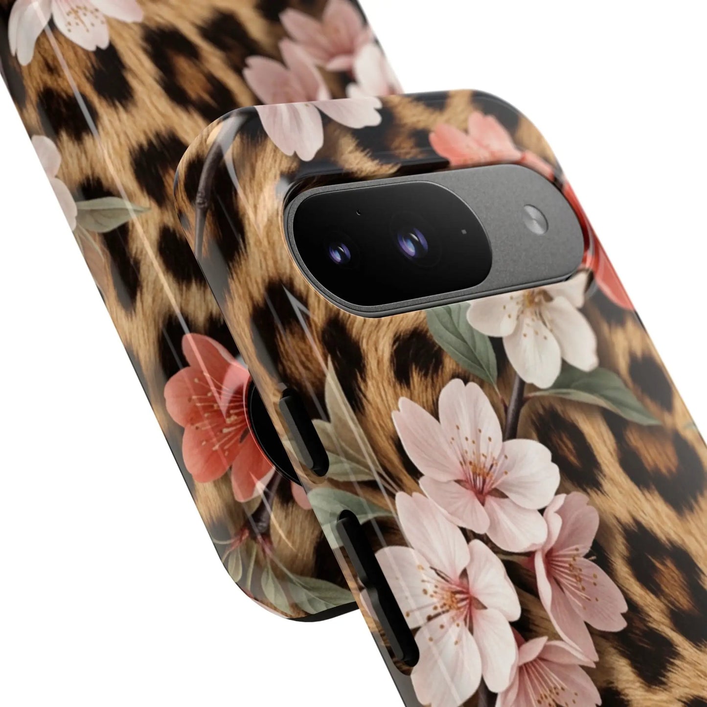 Leopard Floral Tough Case — Protective Phone Case with Pink Cherry Blossoms by Printify