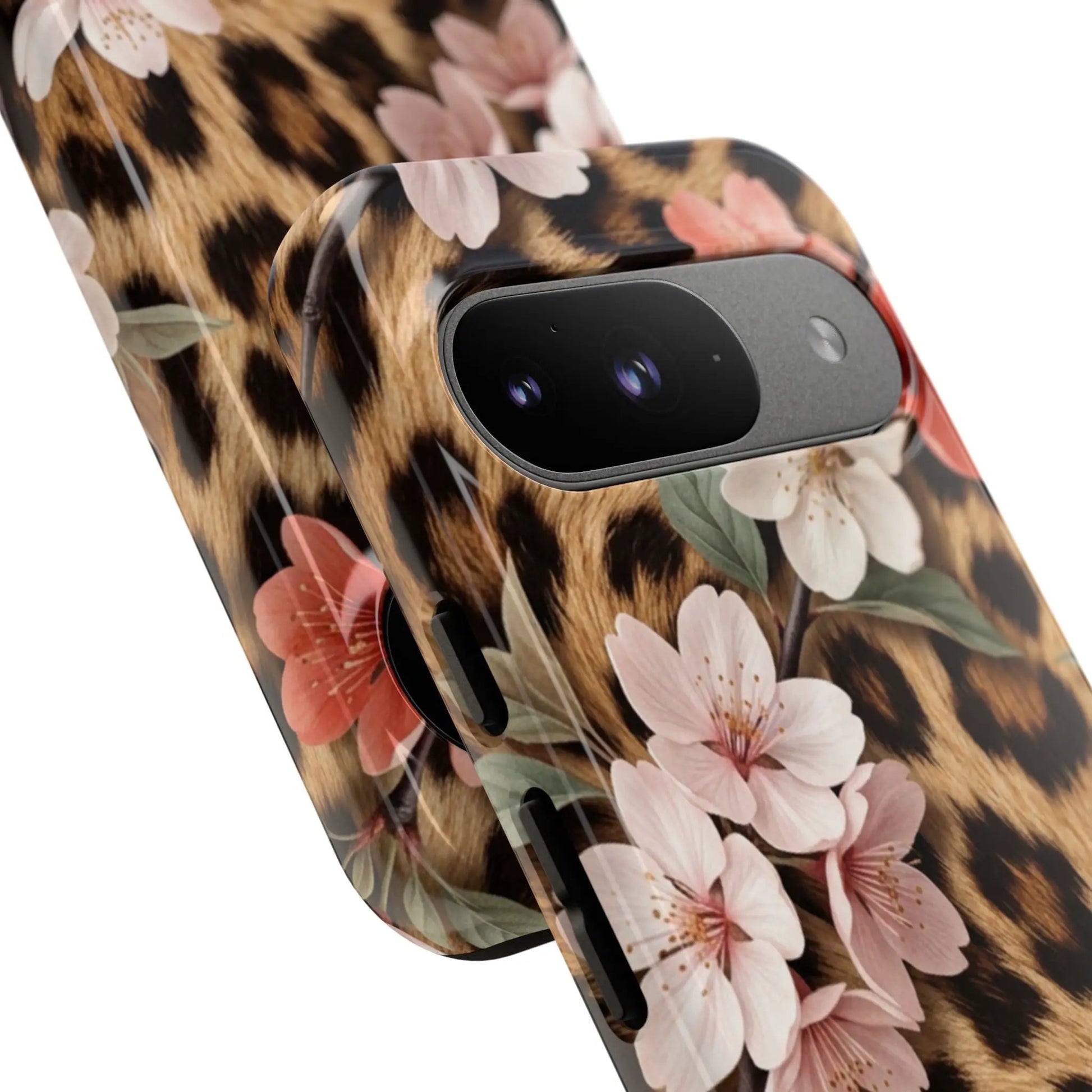 Leopard Floral Tough Case — Protective Phone Case with Pink Cherry Blossoms by Printify