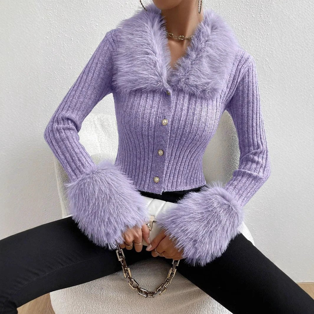 New V-neck Knitted Cardigan With A Slim Fit And A Fur-trimmed Collar by GJG Denim