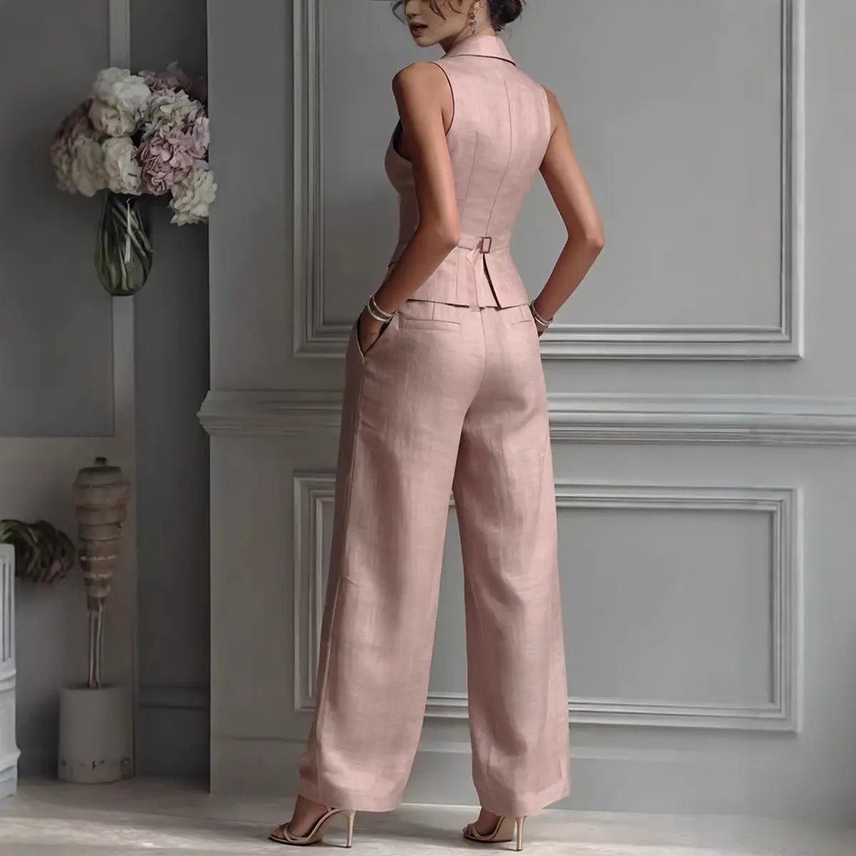 Casual Single-breasted Vest And Casual Pants Set by GJG Denim