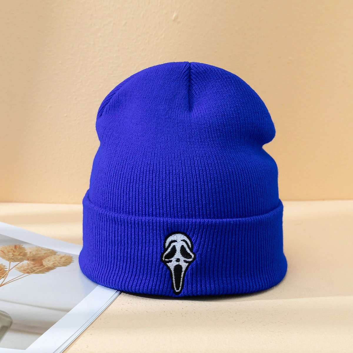 Men's Embroidered Ghost Face Knitted Beanie by GJG Denim