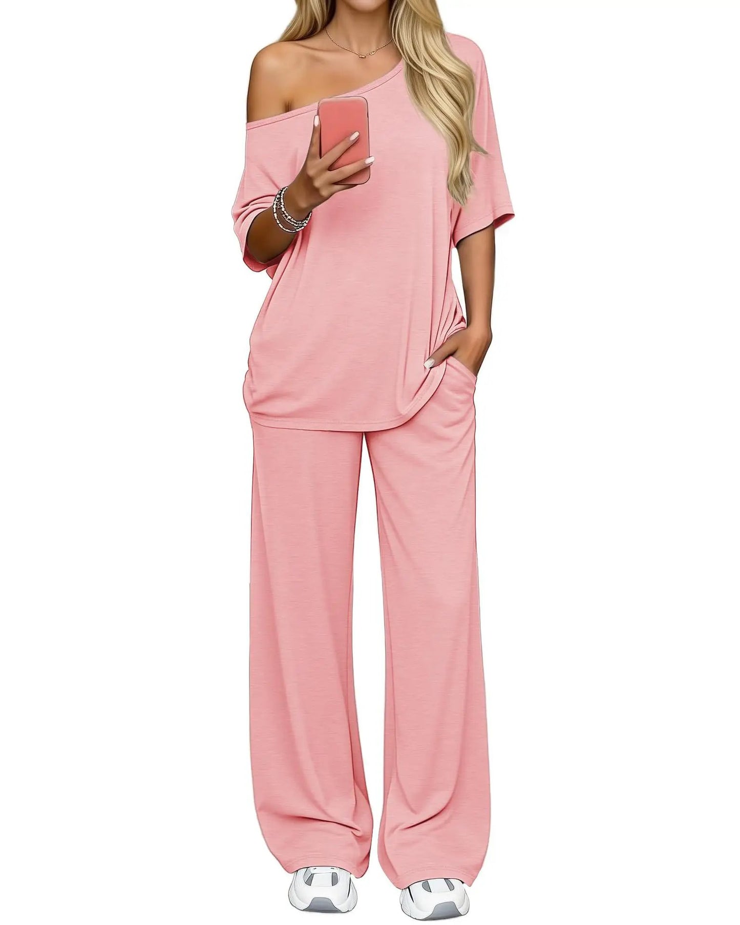 Off-shoulder Loose Casual Short-sleeve Top And Wide-leg Pants Two-piece Set by GJG Denim