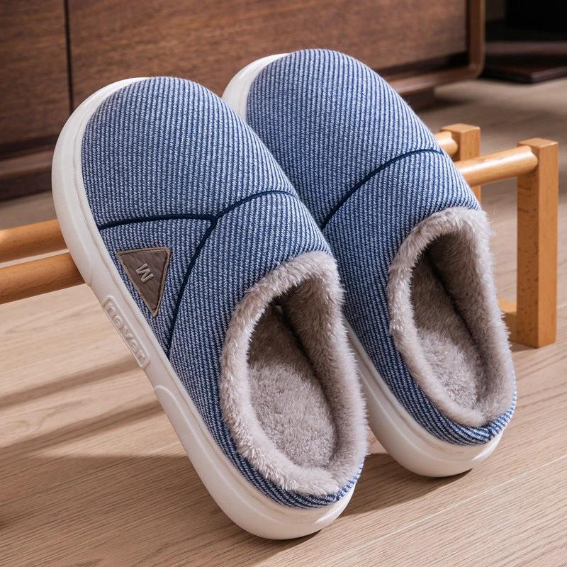 Men's Solid Striped Fleece Plush Slippers by GJG Denim