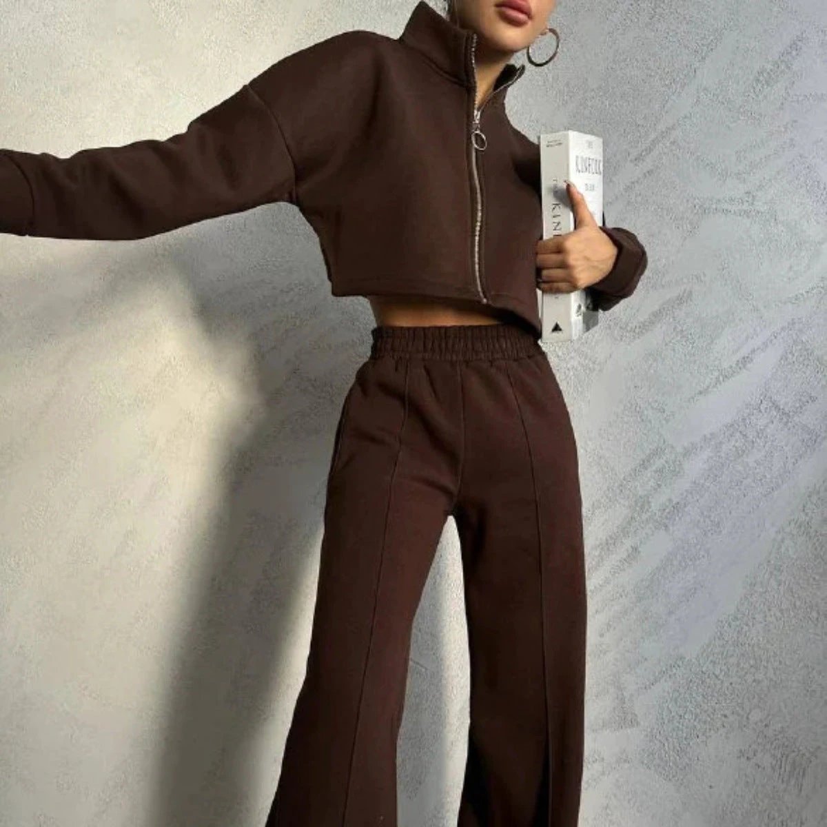 Women's Solid Color Round Neck Pullover Long Sleeve Sweater Trousers Suit by GJG Denim