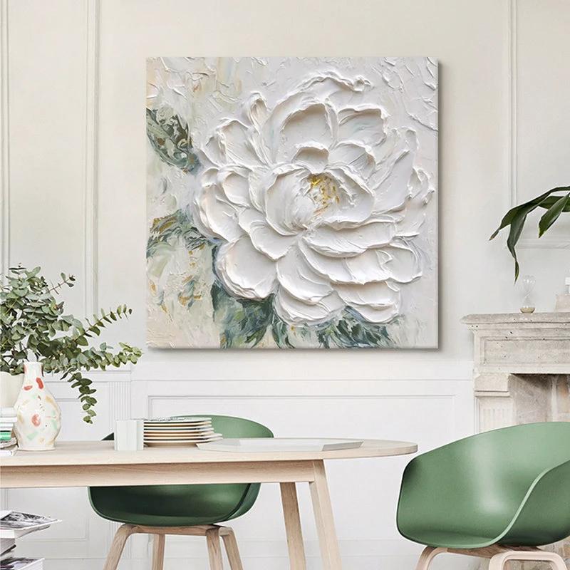 Cream Wind White Peony Flower Thick Texture Hand Drawn Oil Painting Hanging Painting by GJG Denim