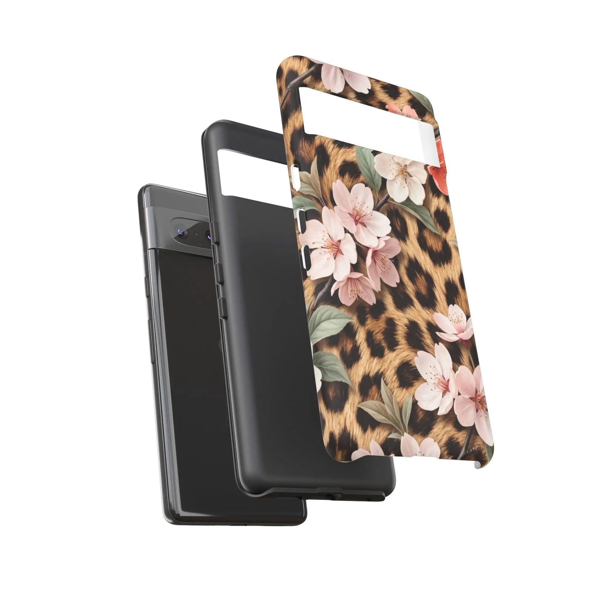 Leopard Floral Tough Case — Protective Phone Case with Pink Cherry Blossoms by Printify