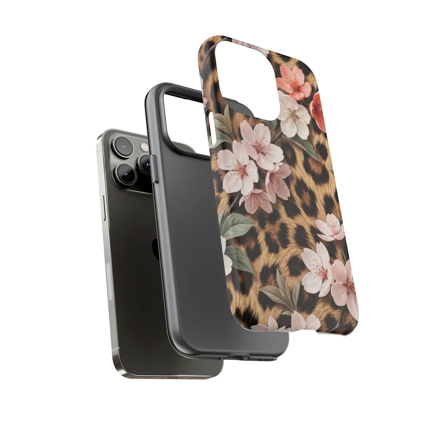 Leopard Floral Tough Case — Protective Phone Case with Pink Cherry Blossoms by Printify