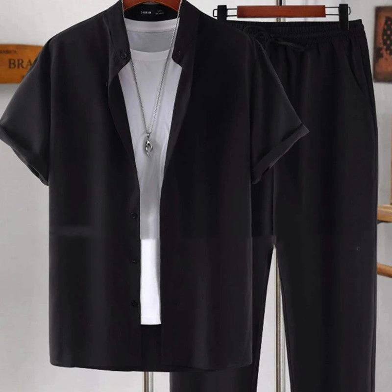 Men's Short Sleeve Stand Collar Shirt Pants Suit by GJG Denim