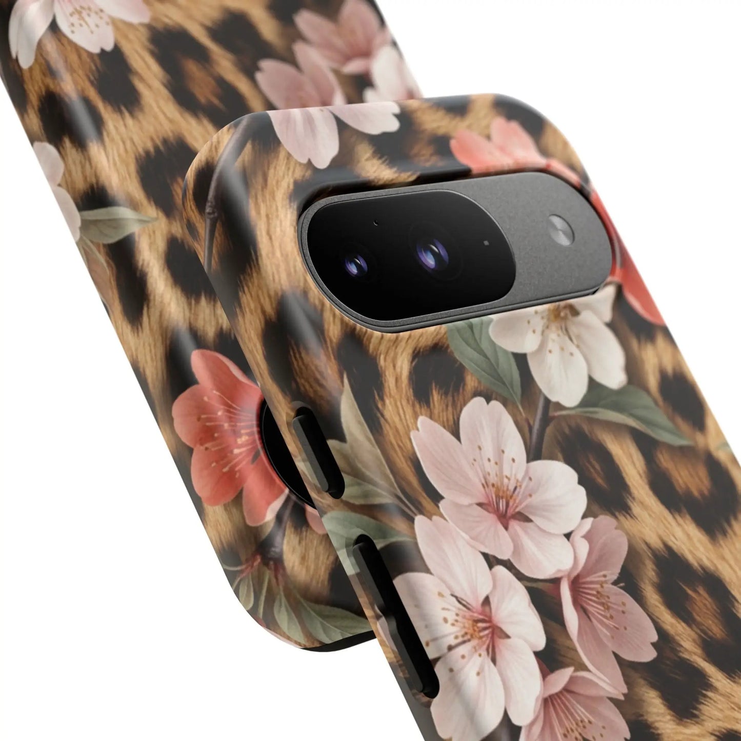 Leopard Floral Tough Case — Protective Phone Case with Pink Cherry Blossoms by Printify