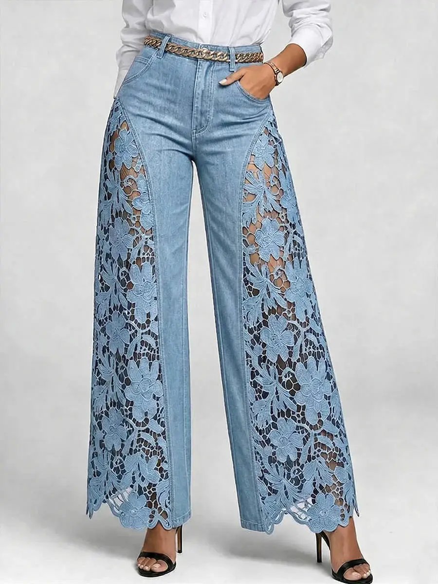 High-waisted Wide-leg Pants Womens Lace-panelled Jeans by GJG Denim