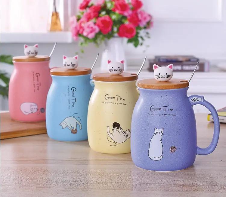 450ml Cartoon Ceramics Cat Mug With Lid and Spoon Coffee Milk Tea Mugs Breakfast Cup Drinkware Novelty Gifts by GJG Denim