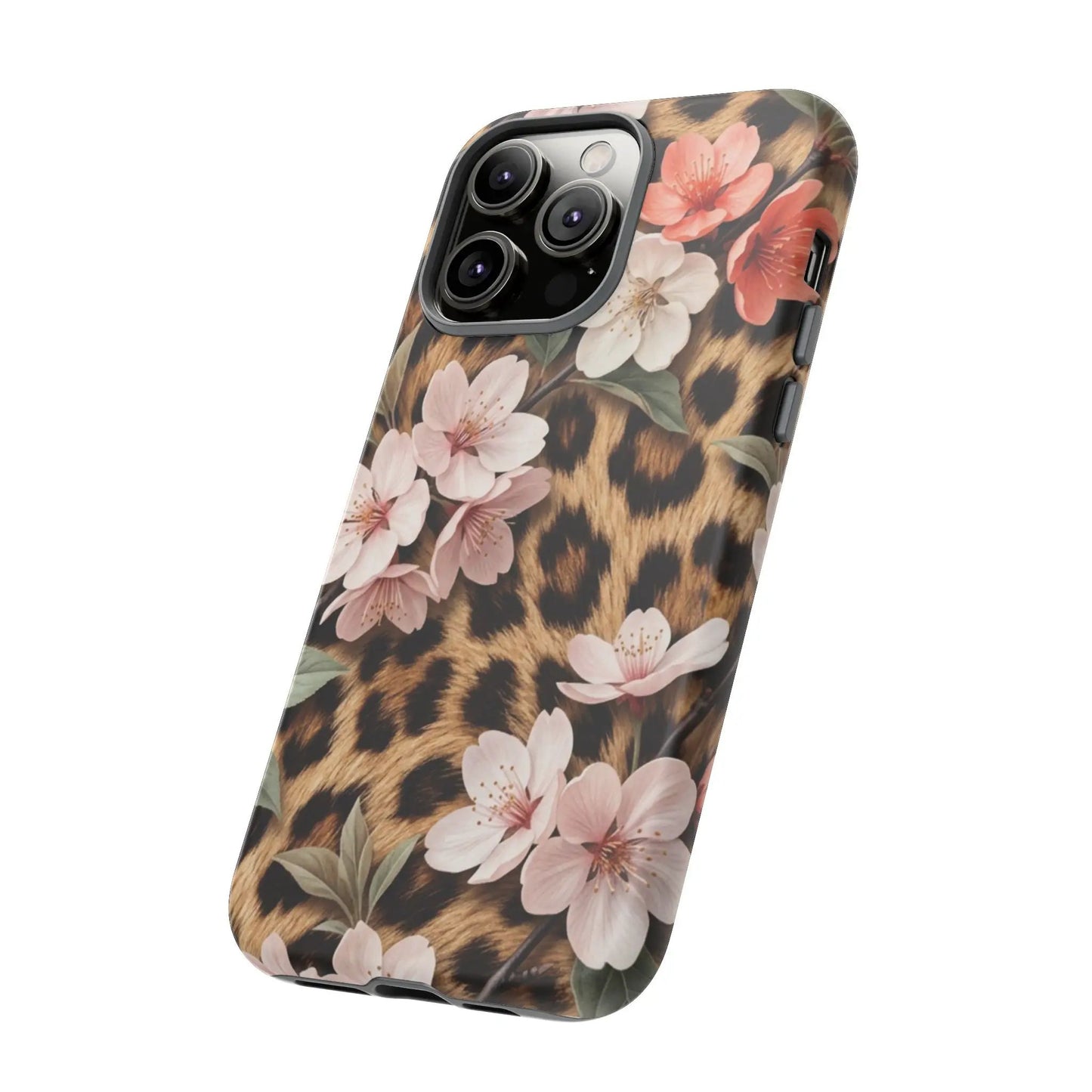 Leopard Floral Tough Case — Protective Phone Case with Pink Cherry Blossoms by Printify