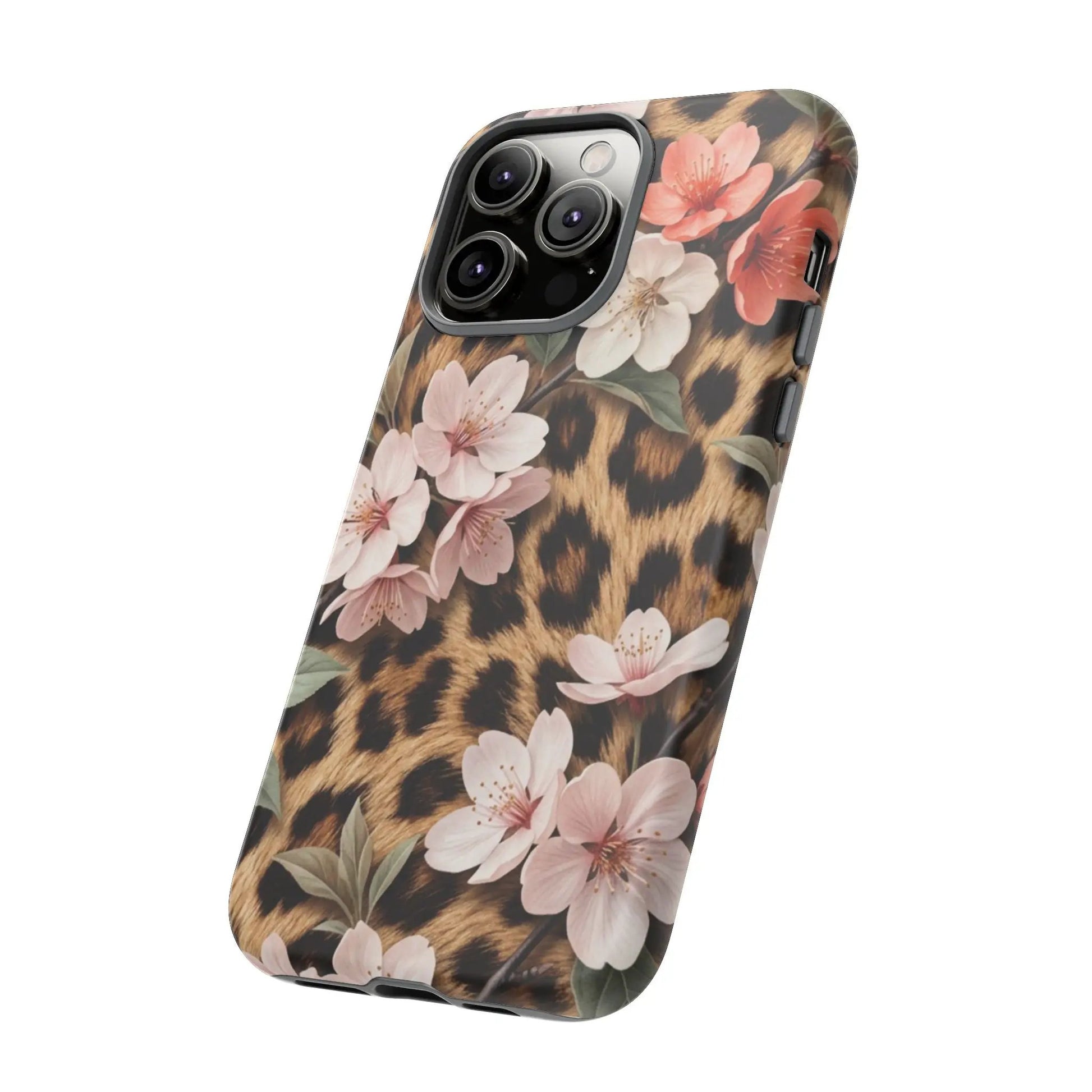 Leopard Floral Tough Case — Protective Phone Case with Pink Cherry Blossoms by Printify