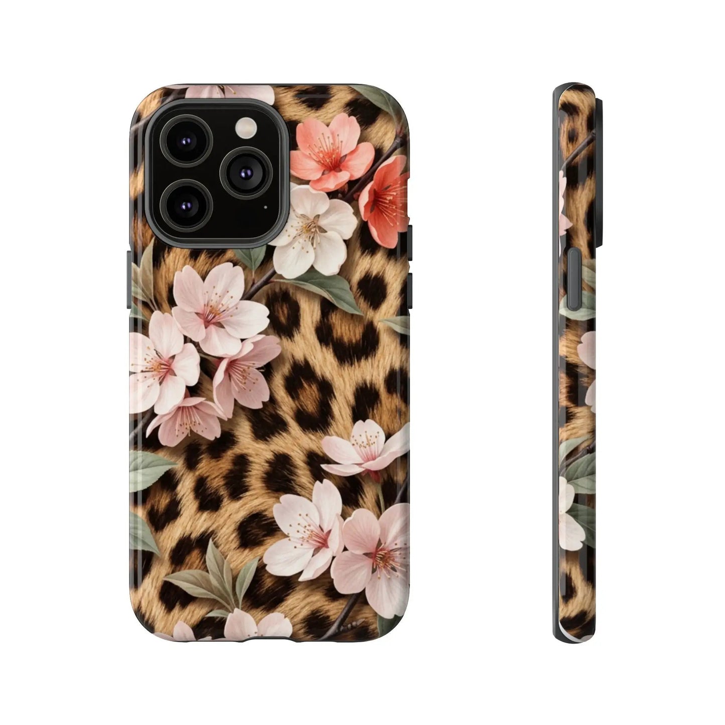 Leopard Floral Tough Case — Protective Phone Case with Pink Cherry Blossoms by Printify