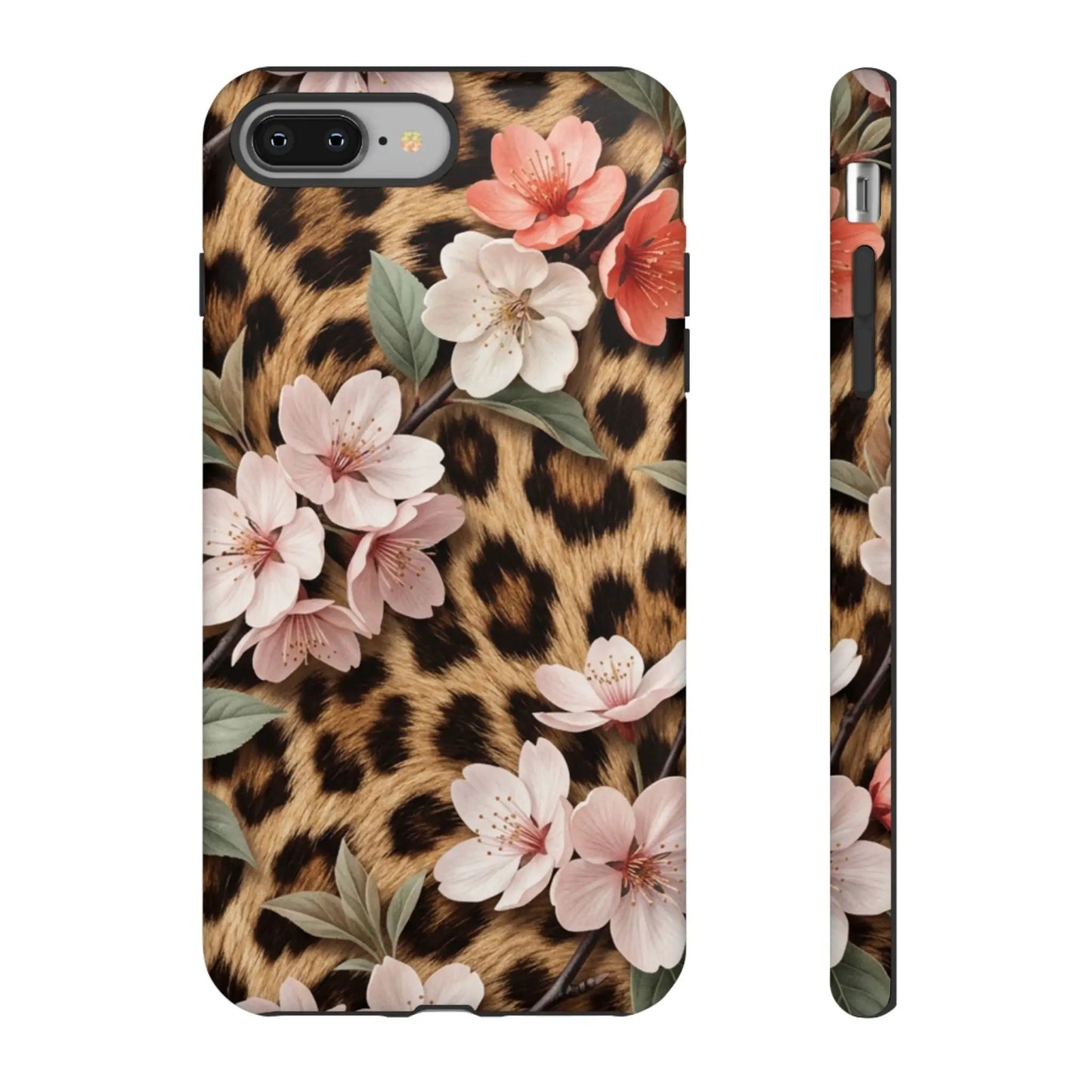 Leopard Floral Tough Case — Protective Phone Case with Pink Cherry Blossoms by Printify