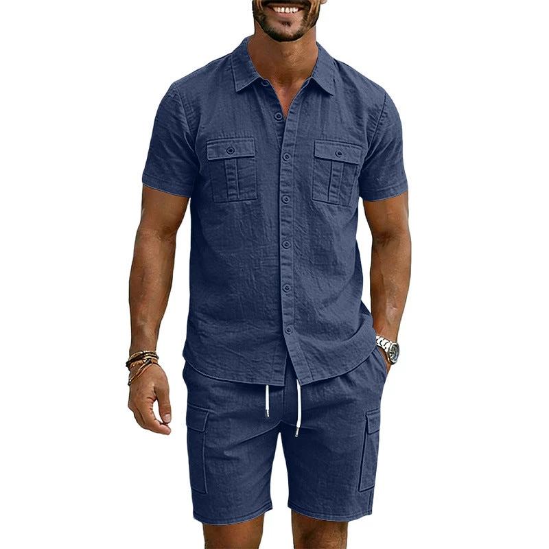 Men's Lapel Shirt And Multi-Pocket Shorts Set by GJG Denim