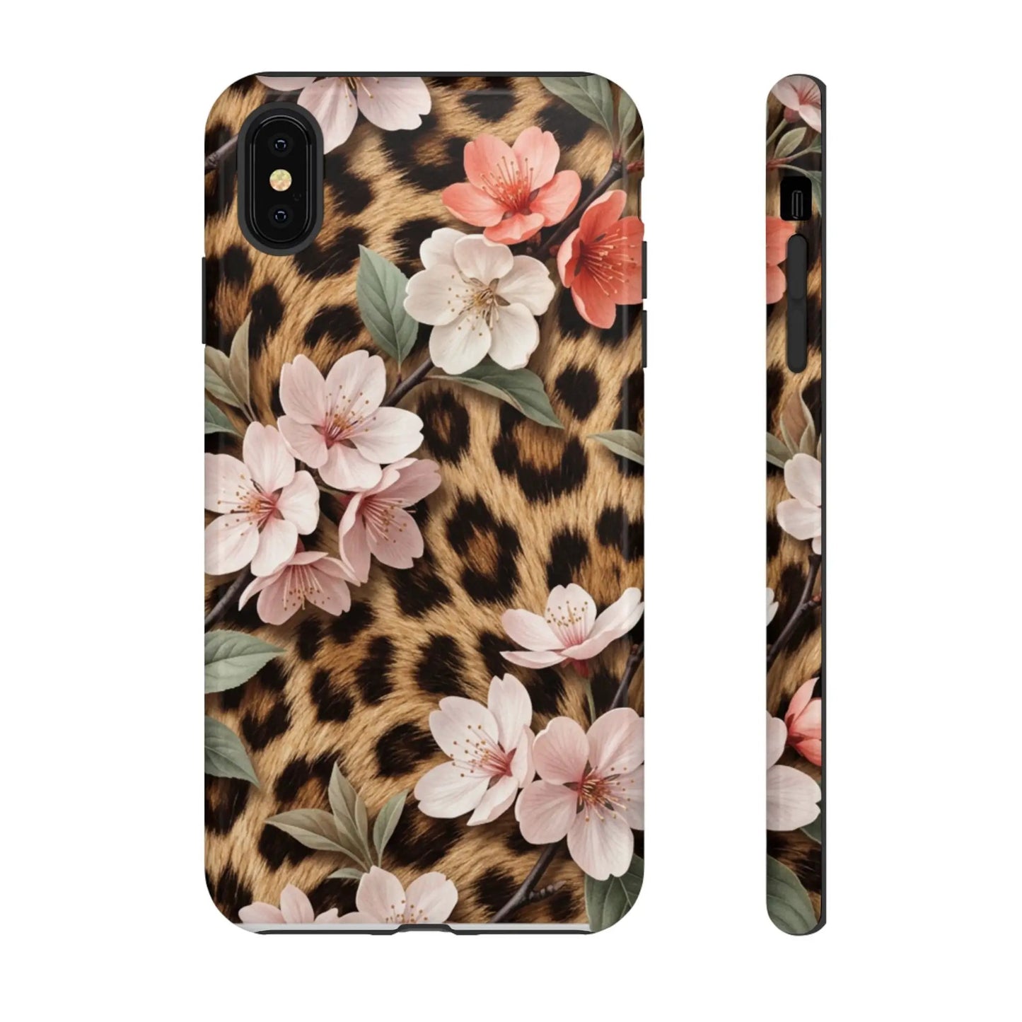 Leopard Floral Tough Case — Protective Phone Case with Pink Cherry Blossoms by Printify