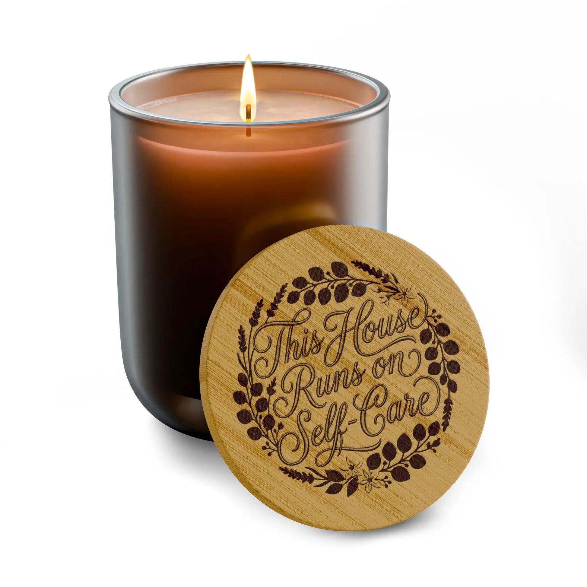 Engraved Soy Candle - "This House Runs on Self-Care" 14oz Scented Candle with Bamboo Lid by Printify