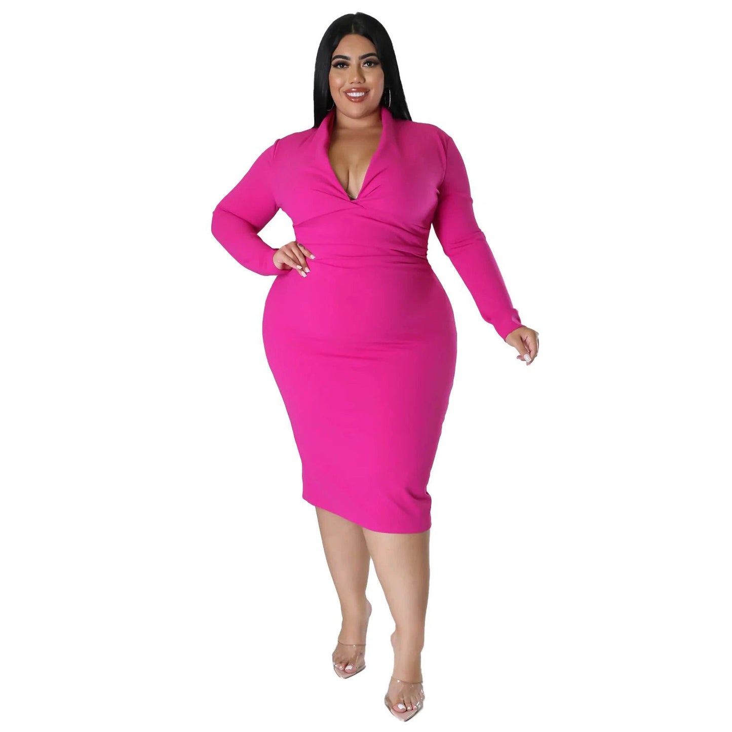 Fashion Casual Solid Color Long Sleeve Zipper V-neck Dress by GJG Denim
