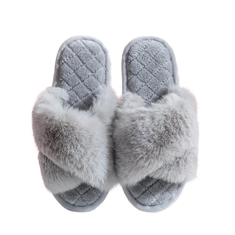 Cross-strap Furry Slippers Warm House Shoes For Women Winter Casual Flip Flops Fluffy Shoes Slides Soft Plush Home Indoor Slippers by GJG Denim