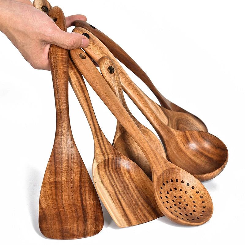 Teak Natural Wood Kitchen Utensils Set by GJG Denim