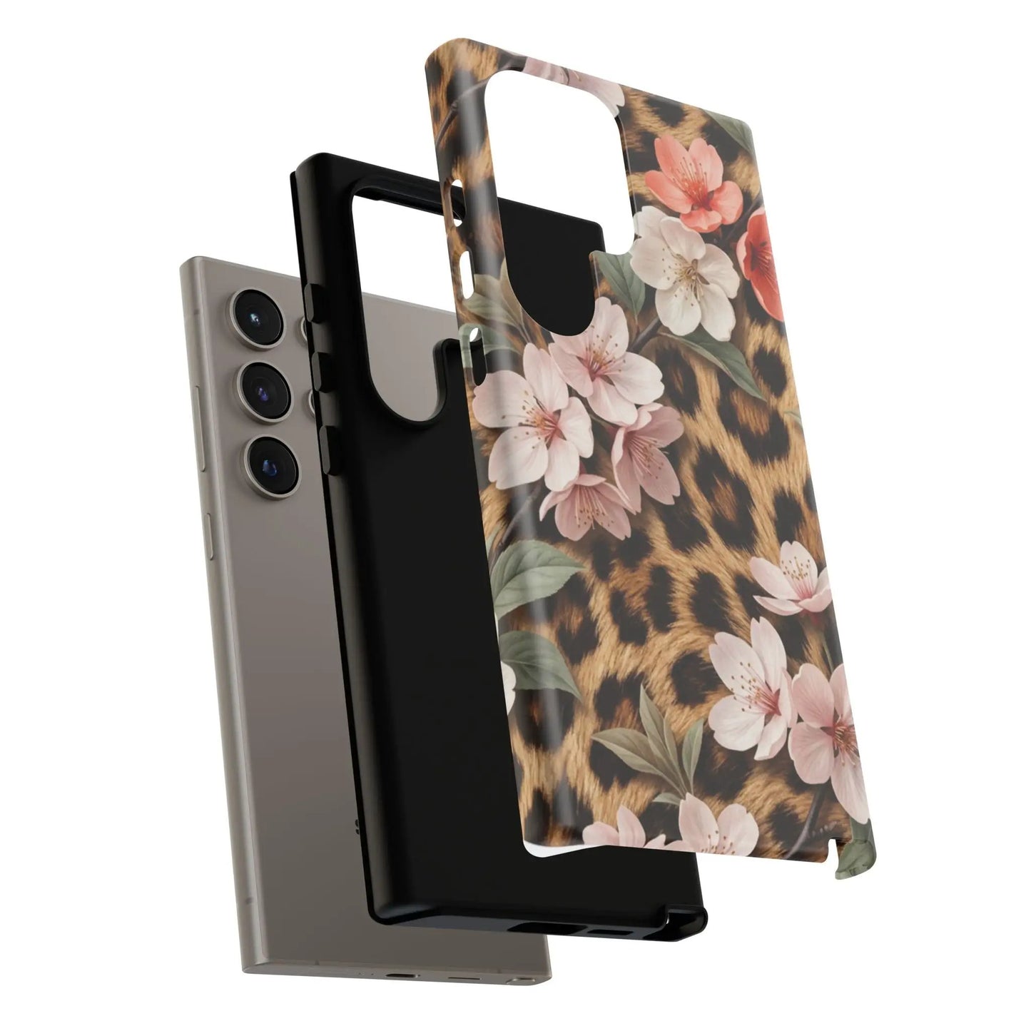 Leopard Floral Tough Case — Protective Phone Case with Pink Cherry Blossoms by Printify