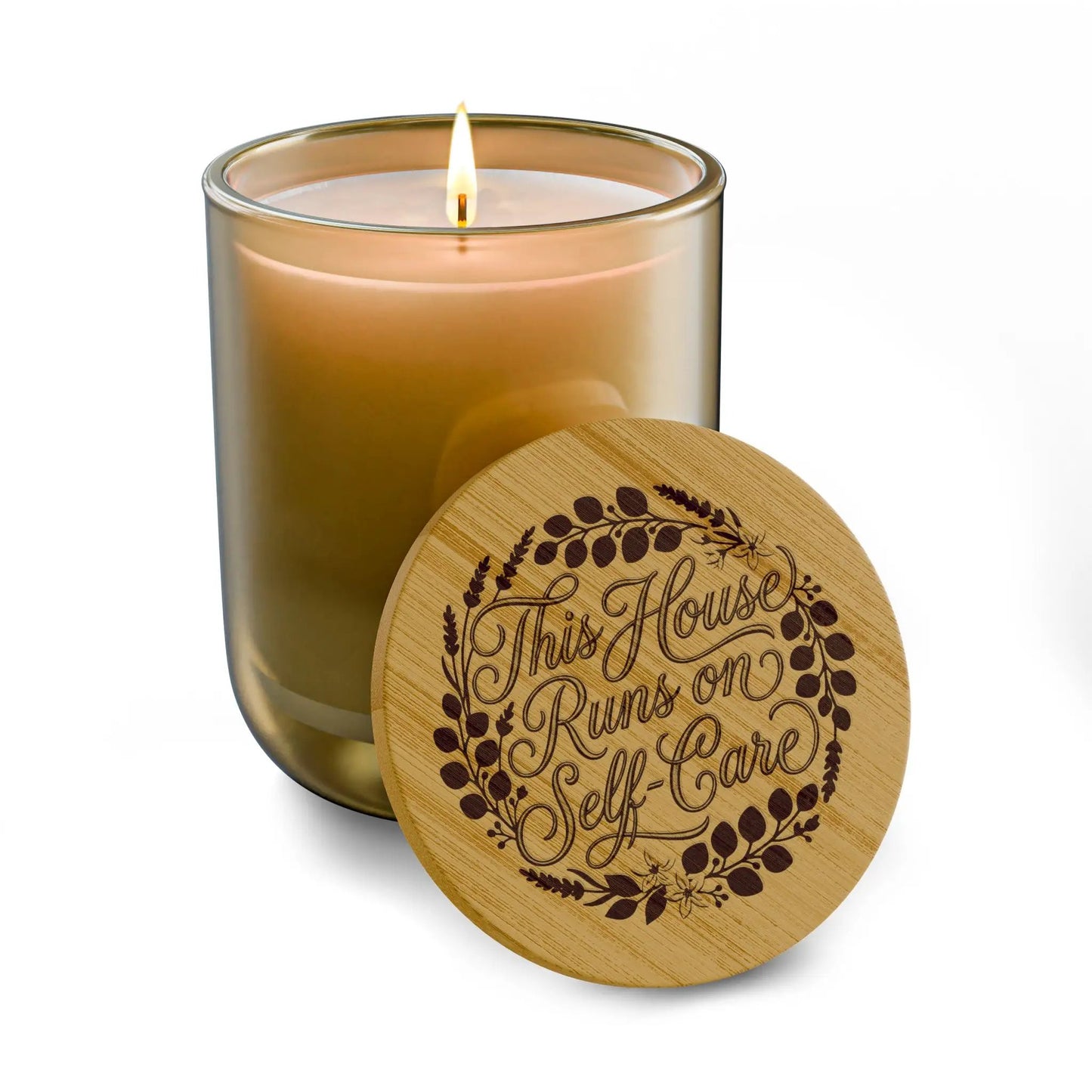 Engraved Soy Candle - "This House Runs on Self-Care" 14oz Scented Candle with Bamboo Lid by Printify
