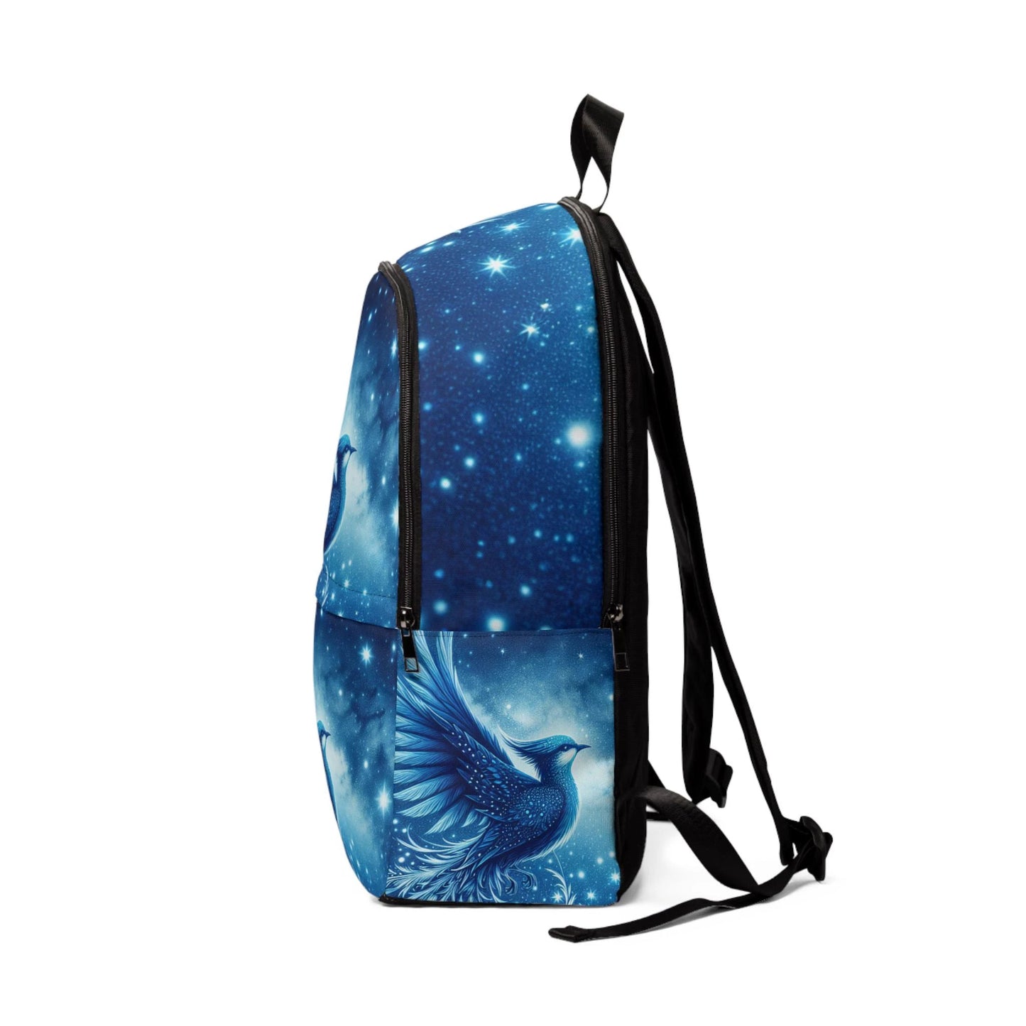 Celestial Bird Unisex Fabric Backpack - Vibrant Blue Design for Adventure and Everyday Use by Printify