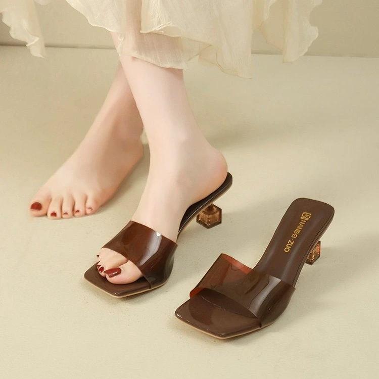 French Style Crystal Thin Heel Square Toe One-Strap Sandals For Women, New Transparent High Heel Slide Sandals Outdoor Wear by GJG Denim