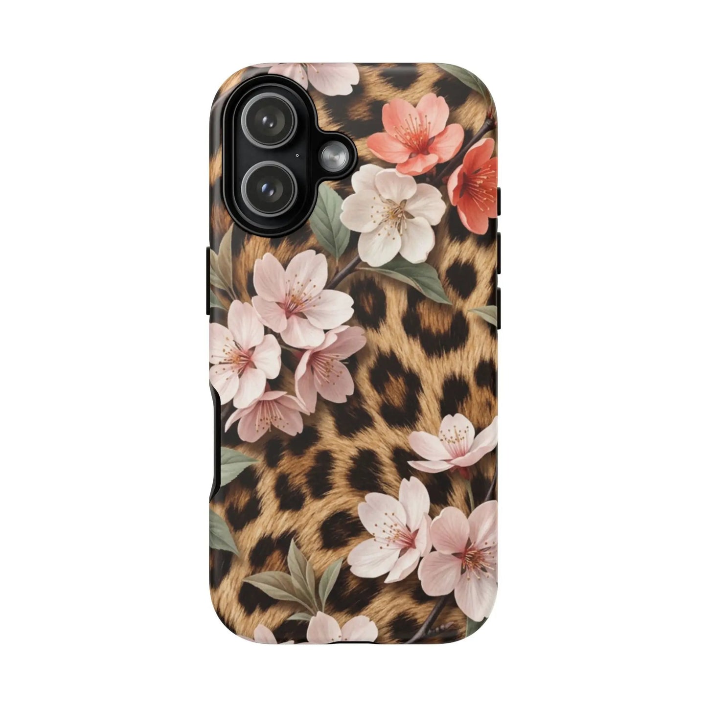 Leopard Floral Tough Case — Protective Phone Case with Pink Cherry Blossoms by Printify