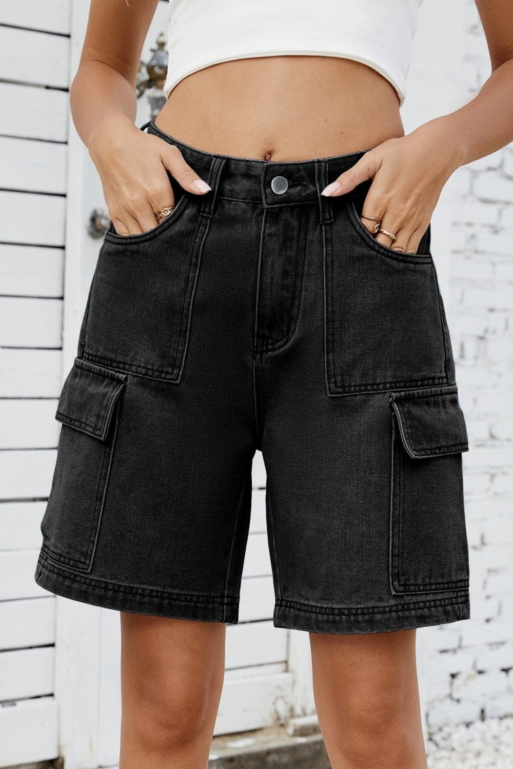 High Rise Denim Shorts with Cargo Pockets by Lady Ros