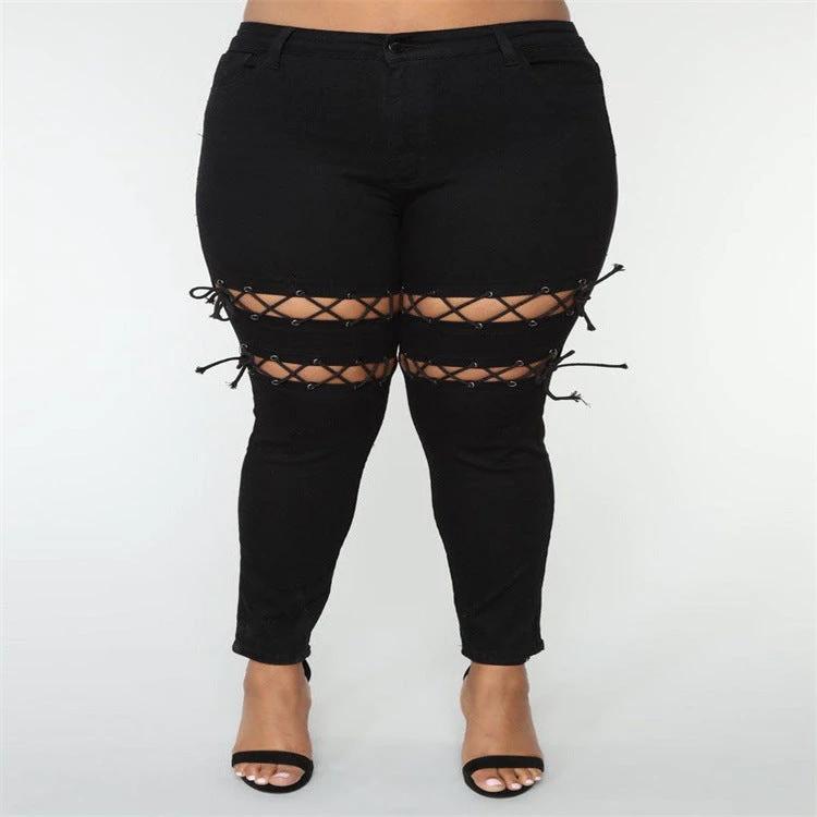 Women's Plus Size Fashion Eyelet Strap Jeans by GJG Denim