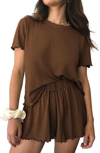 Relaxed Casual Cre Neck Short Sleeve Top And Shorts Set by GJG Denim