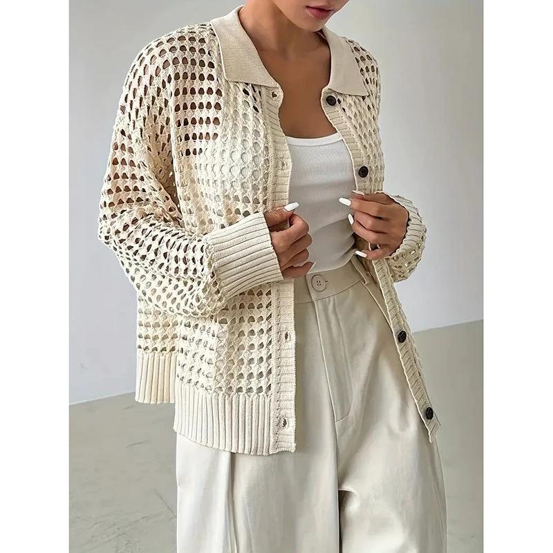 Women's Plus Size Cardigan Lightweight Hollow Out V-Neck Button Down Long Sleeve Knit Coat, 0XL-4XL by GJG Denim