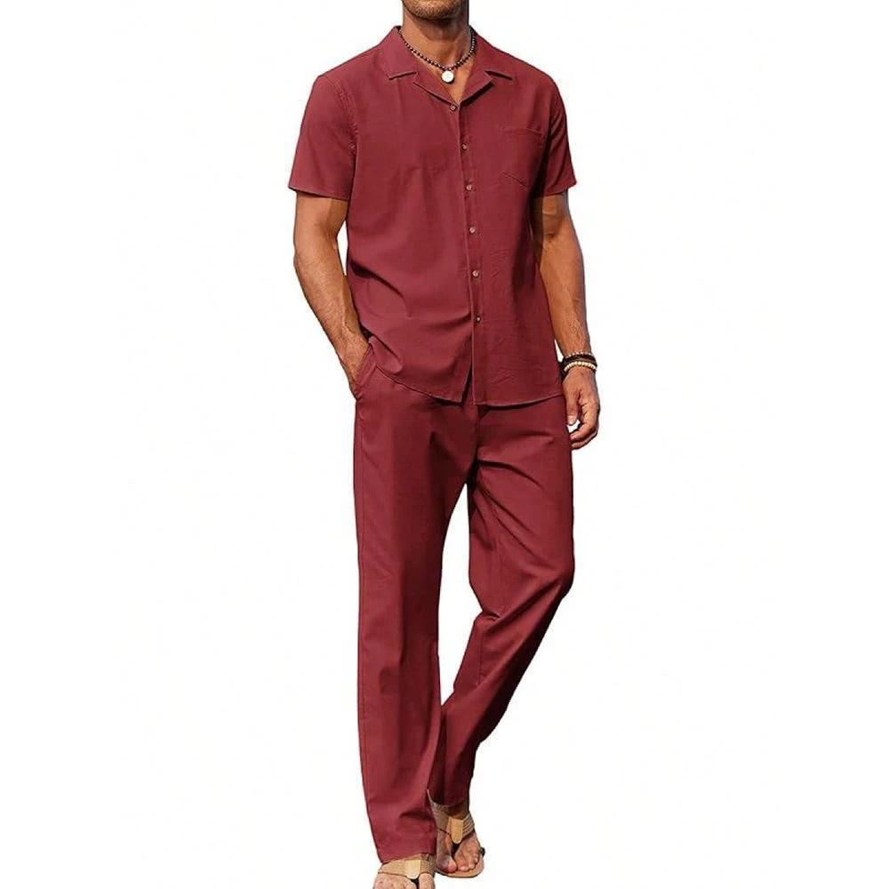 Men's Vintage Short-sleeve Shirt And Casual Trousers Two-piece Set by GJG Denim