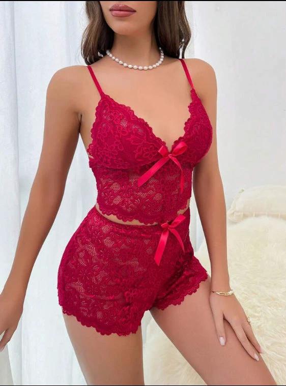 Womens Lace Top And Shorts Pajama Set by GJG Denim