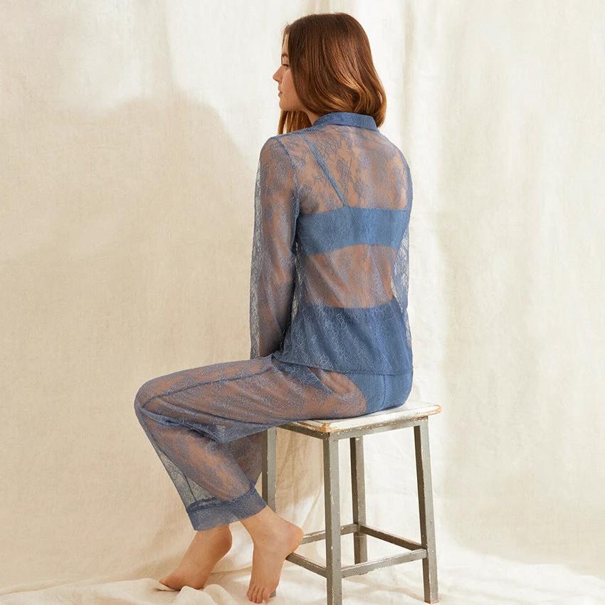European And American Lace See-through Dress Long-sleeved Lapel Sexy Sexy Net Gauze Pajamas Women by GJG Denim