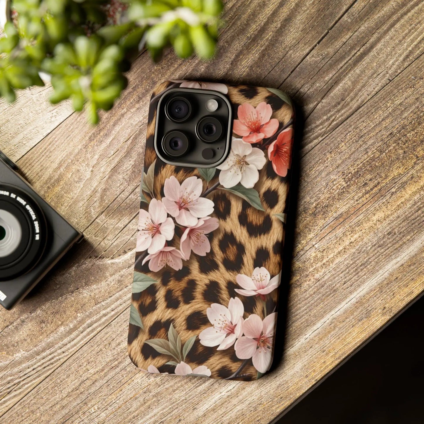 Leopard Floral Tough Case — Protective Phone Case with Pink Cherry Blossoms by Printify