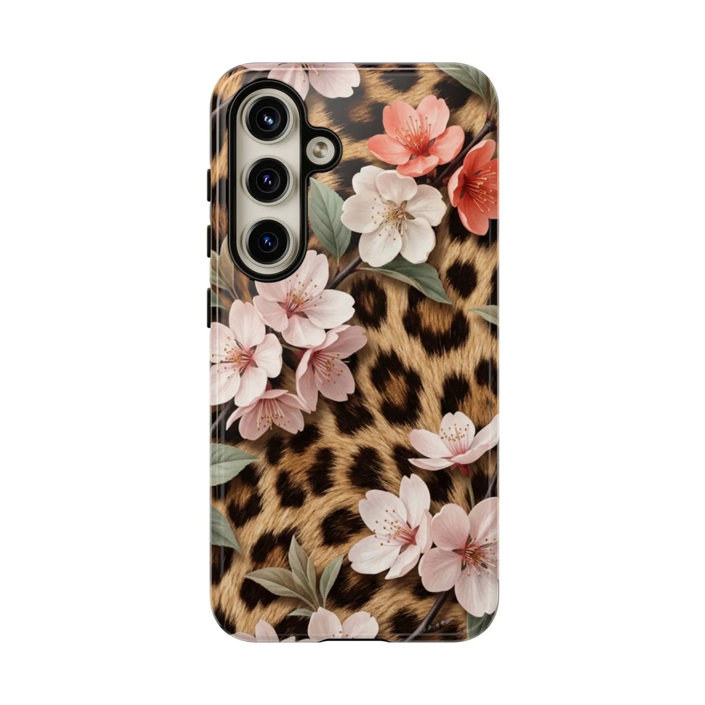 Leopard Floral Tough Case — Protective Phone Case with Pink Cherry Blossoms by Printify