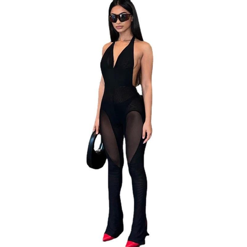 Solid V-neck Mesh Splice Bodysuit by GJG Denim