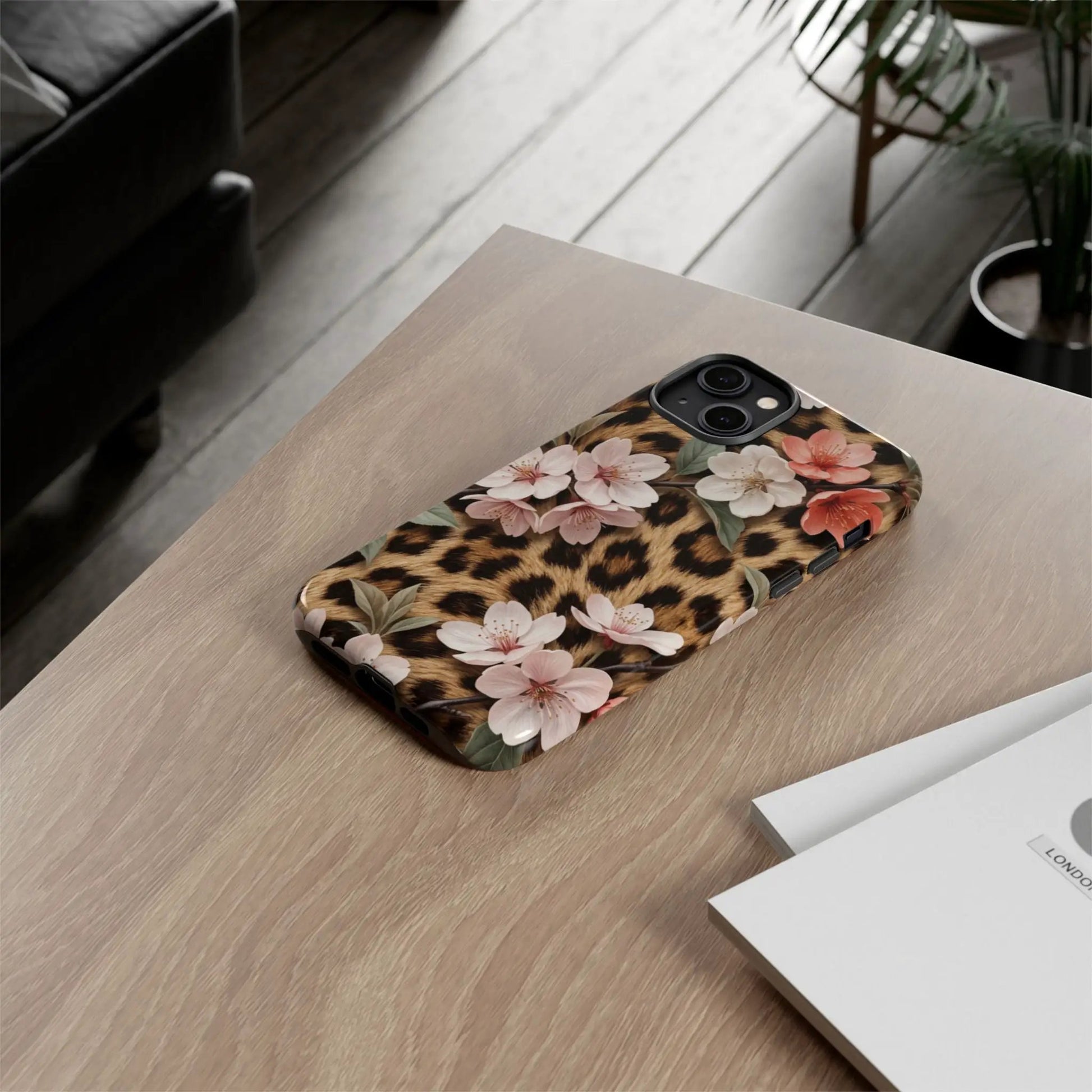 Leopard Floral Tough Case — Protective Phone Case with Pink Cherry Blossoms by Printify